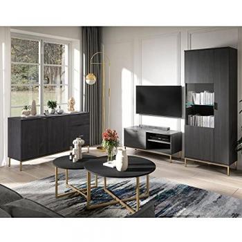 Wohnzimmer Set PERIA-132, 5-teilig mit Sideboard, Couchtischen, Vitrine und TV Lowboard in Esche schwarz Nb. mit LED Beleuchtung