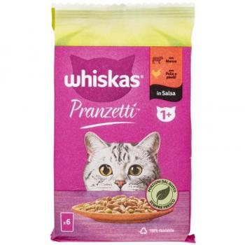 Whiskas Pranzetti Carni e Verdure in Salsa 1+ con Manzo & Carote, Tacchino, Pollo & Piselli 6x50g