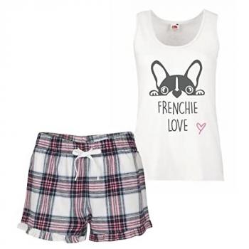 Frenchie Love Tartan Short Pyjamas – Women’s Green & Blue