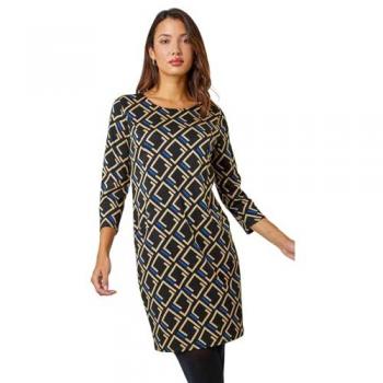 Roman Women's Blue Geometric Print Stretch Shift Dress with Pockets