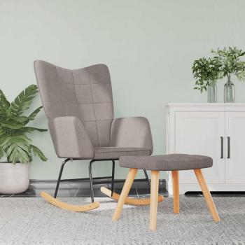 Silla mecedora de tela gris taupe con reposapiés