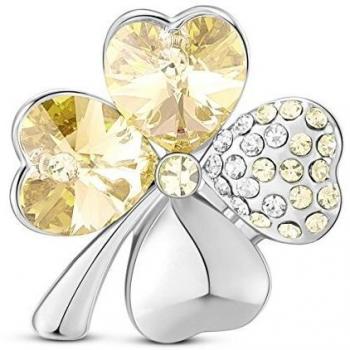 Broche Trèfle à Quatre Feuilles Porte Bonne Chance en Argent avec Cristal Jaune