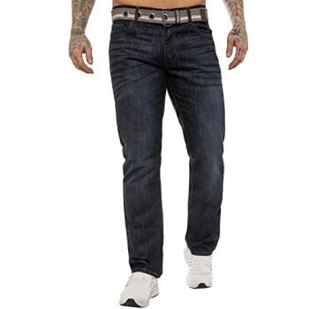 Enzo Men's 42L Belted Straight Leg Denim in Navy Blue