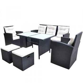 Set da Pranzo Esterno 6 pz in Polyrattan Nero con Cuscini