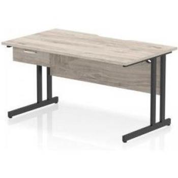 Impulse Office Desk 1400x800mm – Scalloped Edge, Grey Oak, Cantilever Leg, Fixed Drawer