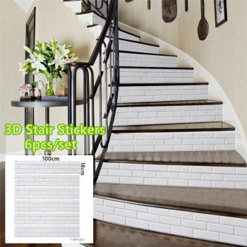 Juego de pegatinas 3D para escaleras, ladrillo blanco, 6 unidades impermeables