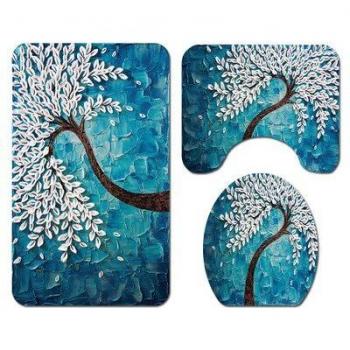 Ensemble 4 pièces : tapis de sol salle de bain, rideau de douche, tapis de toilette, tapis antidérapant