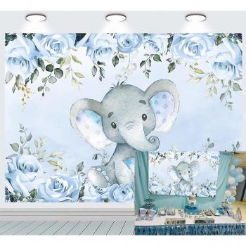 Fondos Florales con Elefante Azul – Decoración 7x5 ft