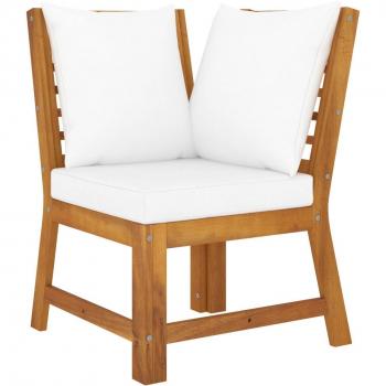 Sofá de esquina seccional madera maciza acacia y cojines crema