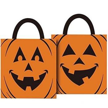 Sacchetto di plastica con manici neri e stampa di Halloween a forma di zucca