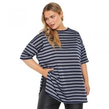 Yours – Metallicmarineblaues T-Shirt mit Streifen, kastig, Damen