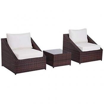 Outsunny Mobili da Giardino in Rattan PE con Tavolino e 2 Poltrone e Cuscini, Marrone