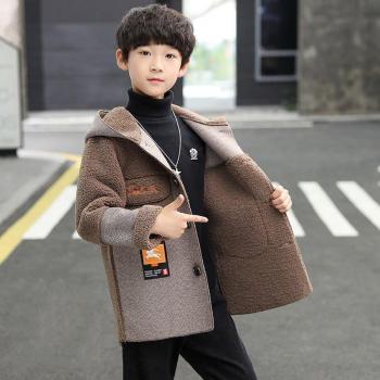 2022 Korean Boys Winter Woolen Jacket Plus Velvet Thickening Hooded Casual Splicing Clothing