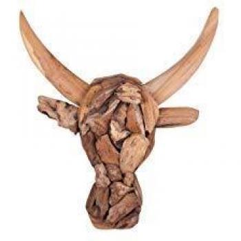 Testa di Toro Decorativa da Parete in Legno Chiaro Teak 34 x 28 cm Stile Rustico