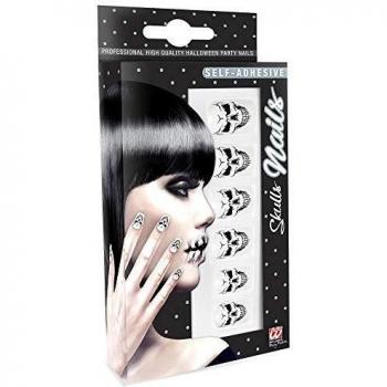 Widmann 05358 Halloween Totenkopf Nail Set – Selbstkleben, 12 Kunst‑Nägel, schwarz & weiß