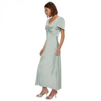 Satin Twist Front Angel Sleeve Midi Dress