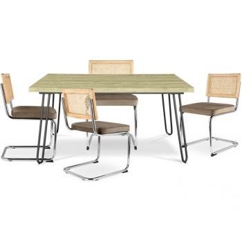 Martha Beige – Pack Table 120 cm, 4 chaises en rotin, velours – Privatefloor
