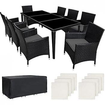 TecTake Salon de jardin en aluminium résine tressée poly rotin table 8 fauteuils Noir
