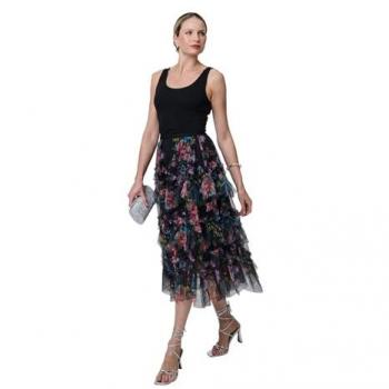Izabel London Black Floral Ruffle Midi Skirt – 8-10