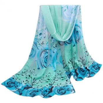 DDLBiz® 1 PC Merveilleux Automne-Hiver Femmes Longue Écharpe en Mousseline Motif de Rose (Bleu)