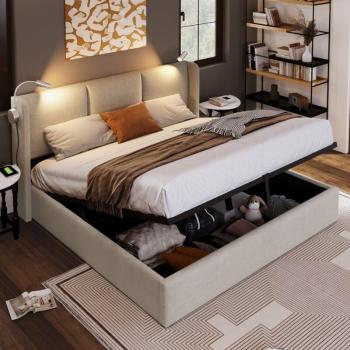 Box Letto Imbottito con Testiera Illuminata e Porta USB Integrato
