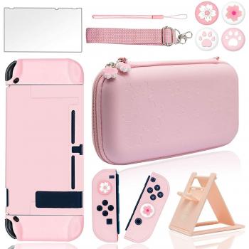 Ensemble de Voyage 10 en 1 en Rose pour Nintendo Switch avec Étui de Protection et Verre Trempé Ultra-Mince