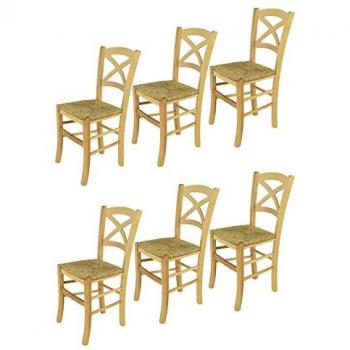 Set 6 Sedie Modello Cross per Cucina, Bar e Sala da Pranzo, Struttura in Legno di Faggio Color Naturale e Seduta in Paglia