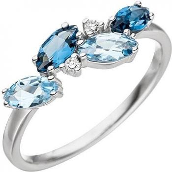 JOBO 585 Weißgoldring für Damen mit 4 Blautopasen und 2 Brillanten Größe 58