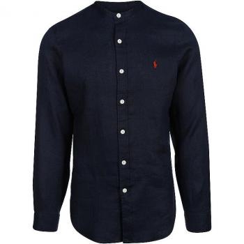 Slim Fit Leinenhemd mit Stehkragen, Dunkelblau, Größe S