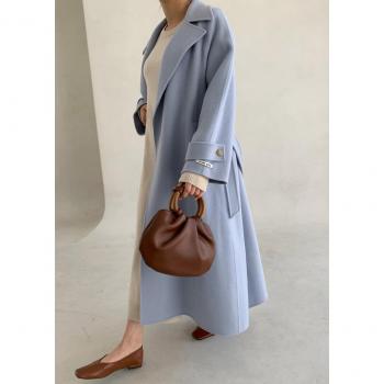 Elegant Blue Wool Long Coat for Women