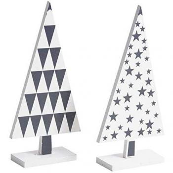 Lot de 2 sapins en bois laqué blanc et noir à motifs