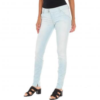Pantaloni lunghi effetto usato in denim elasticizzato per donna
