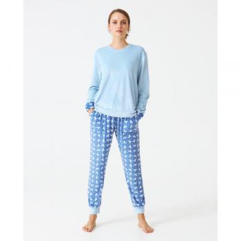 Pyjama femme à manches longues col V bleu