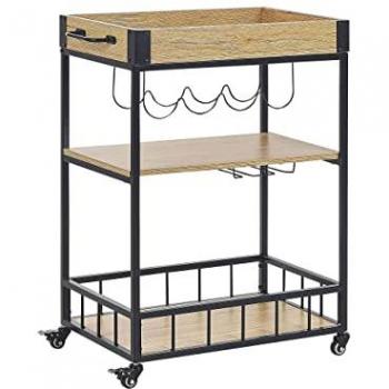 Light Wood Kitchen Trolley with Black MDF Metal Cart and Wheels Wine Rack