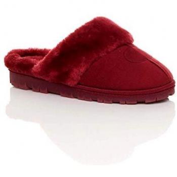 Ajvani Women's Flat Heel Fur-Lined Mules with Winter Design, Berry Red, Size 5/38