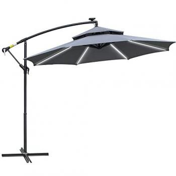 Outsunny 3m Grey Cantilever Hanging Banana Umbrella with LED Solar Lights and Double Roof