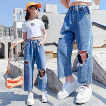 Vaqueros de cintura alta con detalles rasgados para niñas, pantalones anchos hasta el tobillo