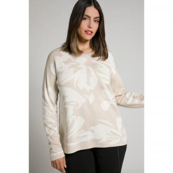 Maglione Oversize Donna Beige Jacquard Fiori Scollo Girocollo 60/62