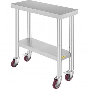 Industrial Food Prep Table – 30″ L × 12″ W × 34″ H, 700 lb Load, 4 Wheels, Adjustable Height (3 Levels)