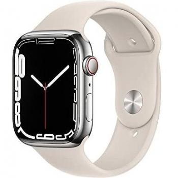 Apple Watch Series 7, 45mm, GPS + Cellular, Silver Stainless Steel Case with Starlight Sport Band, OLED Display