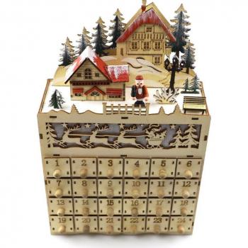 Lighted Wooden Advent Calendar with Santa Claus and Village House Design