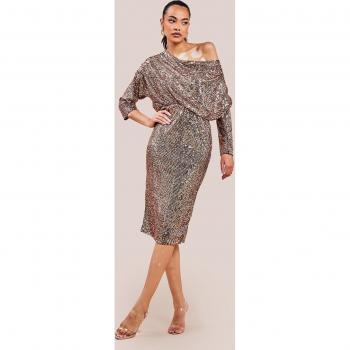 Midnight Beige Sequin Cowl Midi Dress – Goddiva Collection