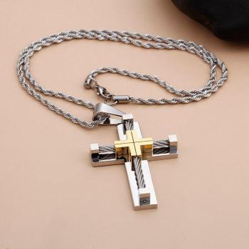 Religiöse Edelstahl Halskette für Herren mit Kreuz, gold-silber Drahtkette, 4mm, 22 Zoll