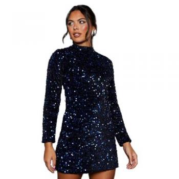 Womens Blue Sequin A Line Mini Dress
