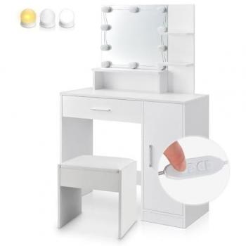 Juskys Schminktisch Zoey (LED, Hocker Melly, Spiegel, Schrank & Schubladen) – klassisches Weiß