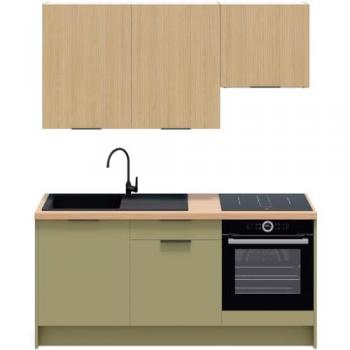 Ensemble 6 meubles de cuisine L185 cm – Vert Olive & Chêne Clair Cannelé – Luzia Mix
