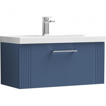 Nuie Deco Wall Hung Single Drawer Vanity Unit with 40mm Profile Basin | Satin Blue | MDF | 800mm
