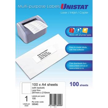Unistat Laser/Inkjet Copier Backslit White Label, 297x210mm – 1UP – 38939