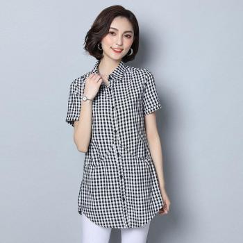 Blusa de verano a cuadros para mujer, camisa de lino y algodón, con bolsillos, estilo vintage, 1101