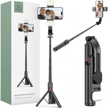 Tech‑Protect L05S Selfie Stick Met Flexibel Tripod En Helder LED‑Licht Zwart